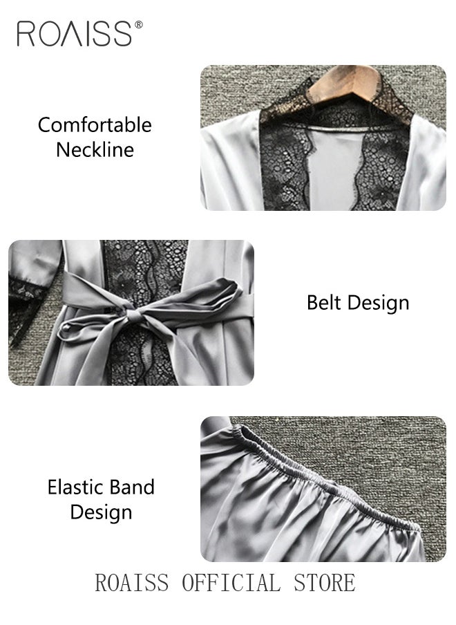 roaiss - Women Four Piece Home Wear Set Comfortable Fabric Soft and Skin Friendly Lace Elements Fashionable Solid Color Design - Image 1