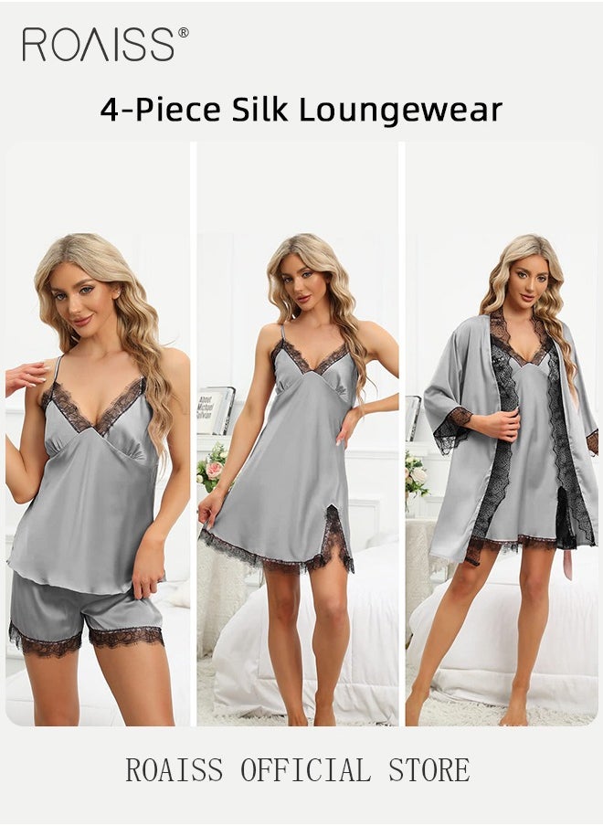 roaiss - Women Four Piece Home Wear Set Comfortable Fabric Soft and Skin Friendly Lace Elements Fashionable Solid Color Design - Image 1