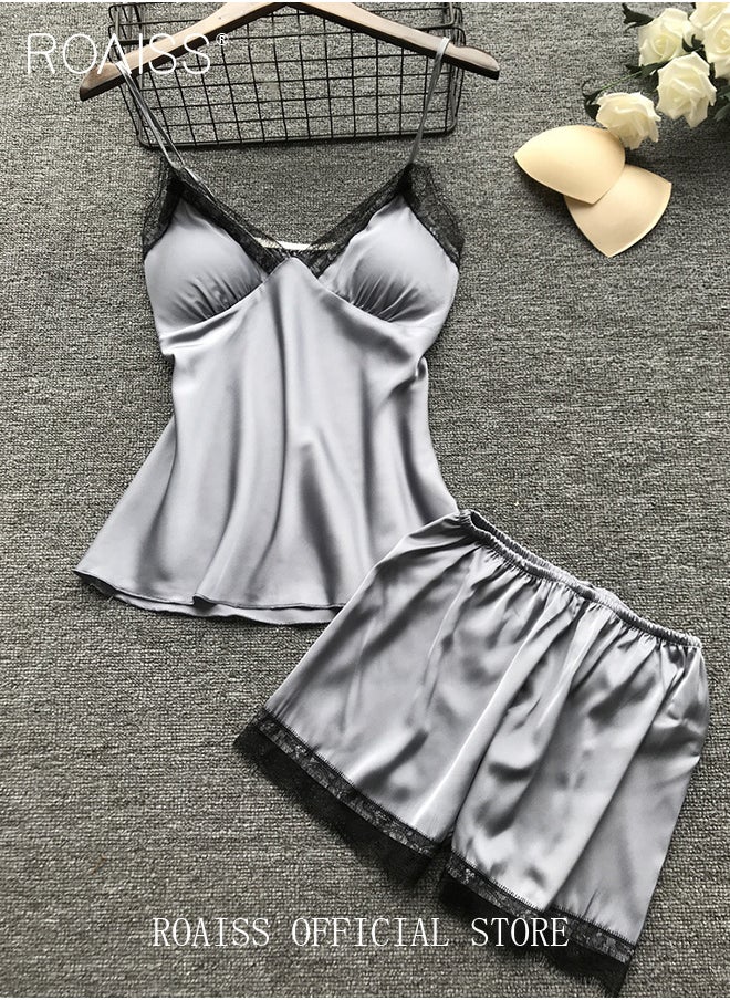roaiss - Women Four Piece Home Wear Set Comfortable Fabric Soft and Skin Friendly Lace Elements Fashionable Solid Color Design - Image 1