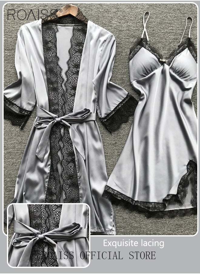 roaiss - Women Four Piece Home Wear Set Comfortable Fabric Soft and Skin Friendly Lace Elements Fashionable Solid Color Design - Image 1