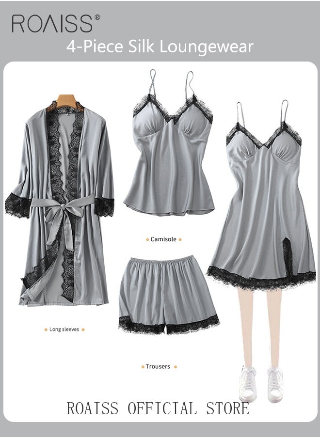 roaiss - Women Four Piece Home Wear Set Comfortable Fabric Soft and Skin Friendly Lace Elements Fashionable Solid Color Design - Image 1
