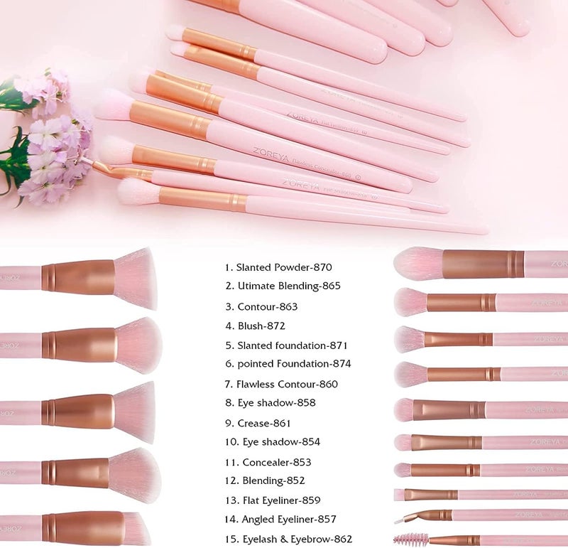 Raffaello ZOREYA Makeup Brush Set - 15 Pcs Premium Synthetic Foundation Concealers Eye Shadows Make Up Brush,Eyeliner Brushes(Pink) - Image 4