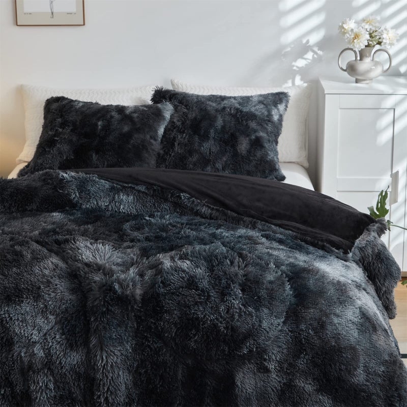 Wajade Faux Fur Plush Tie Dye Black Comforter Set Fluffy Fuzzy Shaggy Bedding Set - 3PC Full Size Microfiber Soft Warm Quilt Set - Image 5