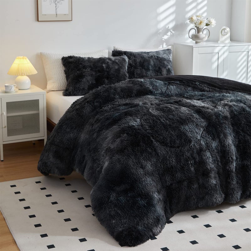 Wajade Faux Fur Plush Tie Dye Black Comforter Set Fluffy Fuzzy Shaggy Bedding Set - 3PC Full Size Microfiber Soft Warm Quilt Set - Image 4