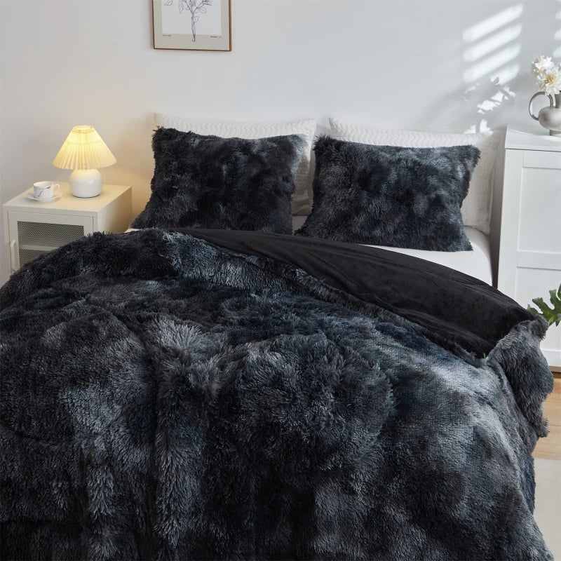Wajade Faux Fur Plush Tie Dye Black Comforter Set Fluffy Fuzzy Shaggy Bedding Set - 3PC Full Size Microfiber Soft Warm Quilt Set - Image 3