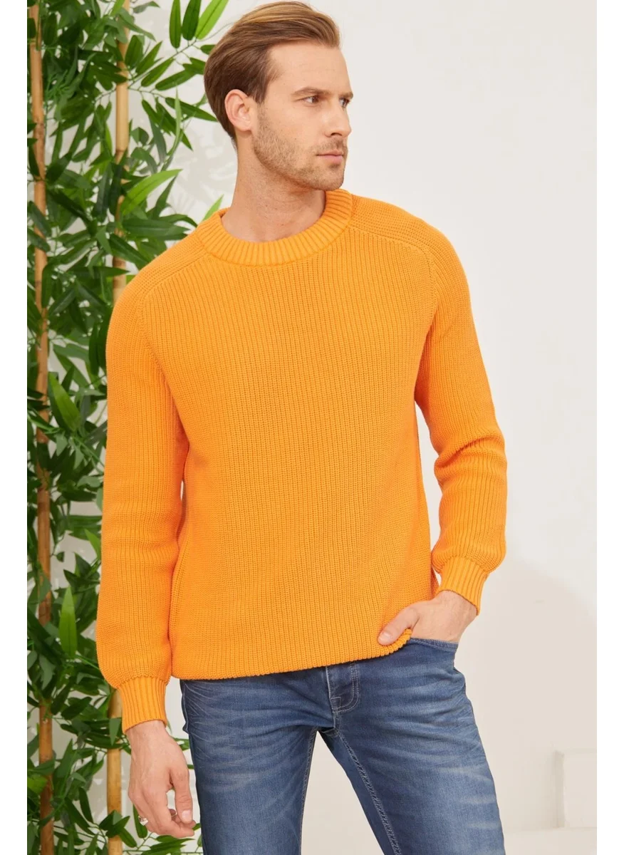 Odelon Crew Neck Selanik Knitted Cotton Men's Orange Knitwear Sweater