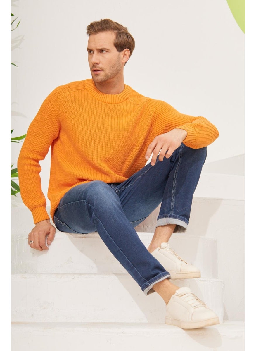 Odelon - Crew Neck Selanik Knitted Cotton Men's Orange Knitwear Sweater - Image 1