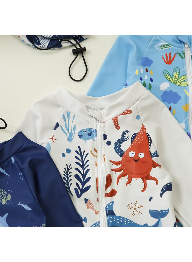 Generic Children's Clothing Boy's Full-print One-piece Swimsuit Boy's Baby's Half-open One-piece Swimsuit Children's Swimsuit Hat-Color:Dark Blue Shark-Size:110  - Image 4