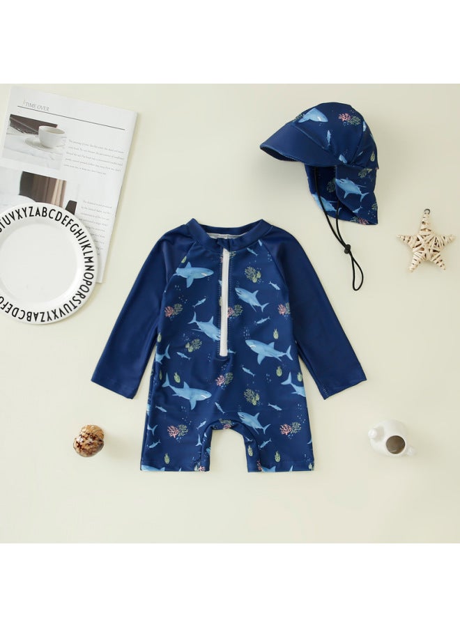 Generic Children's Clothing Boy's Full-print One-piece Swimsuit Boy's Baby's Half-open One-piece Swimsuit Children's Swimsuit Hat-Color:Dark Blue Shark-Size:110  - Image 1