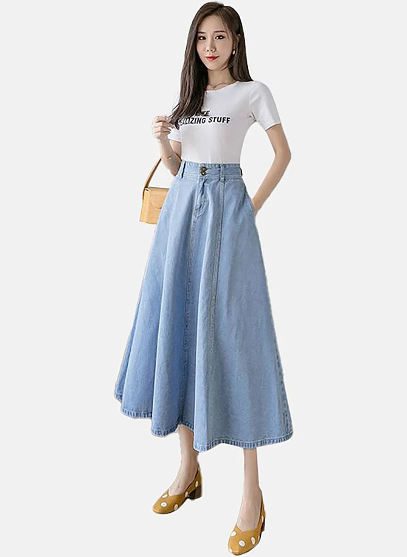 YUNIQEE Blue A-Line Solid Midi Skirt