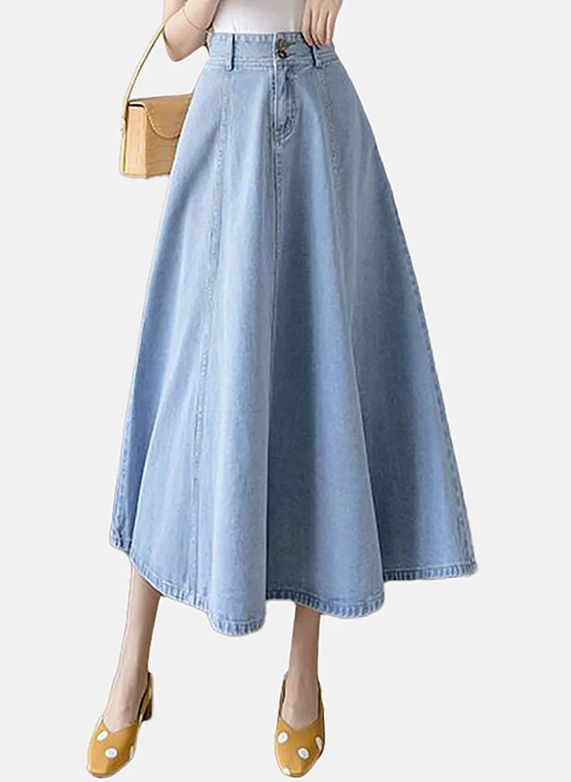 يونيكي Blue A-Line Solid Midi Skirt