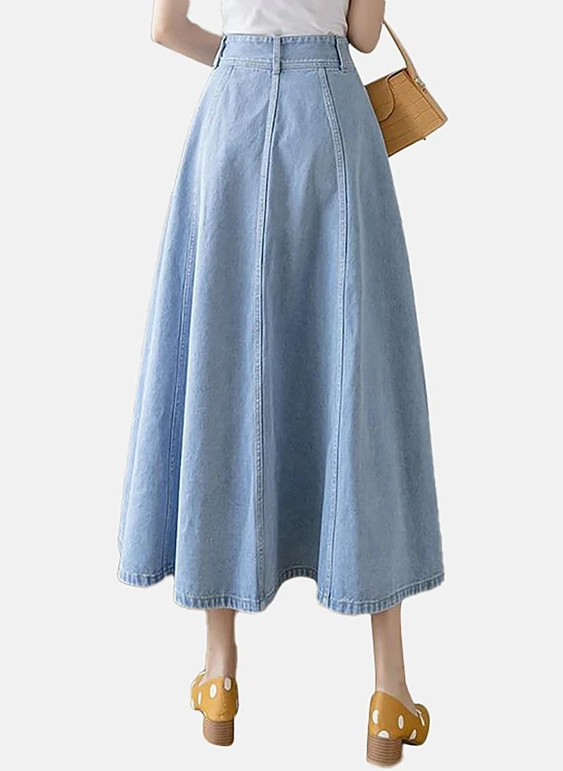 YUNIQEE Blue A-Line Solid Midi Skirt