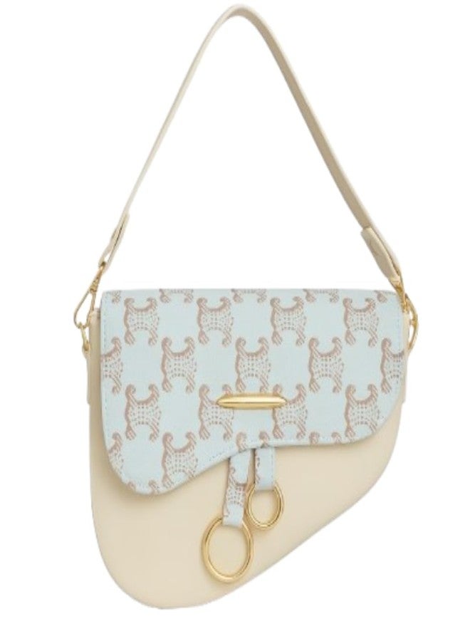 VINNIE Luxury Designer Shoulder Bag, Beige Leather with Monogram Pattern, Gold Hardware Accents, Double Ring Detail, Curved Flap Design (Beige) - Image 1