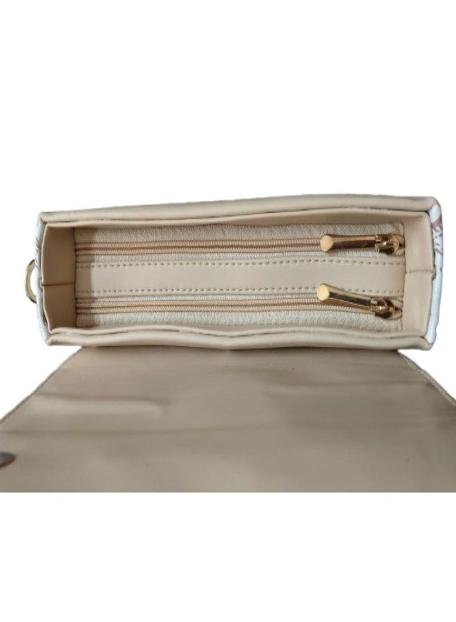 VINNIE Luxury Designer Shoulder Bag, Beige Leather with Monogram Pattern, Gold Hardware Accents, Double Ring Detail, Curved Flap Design (Beige) - Image 2