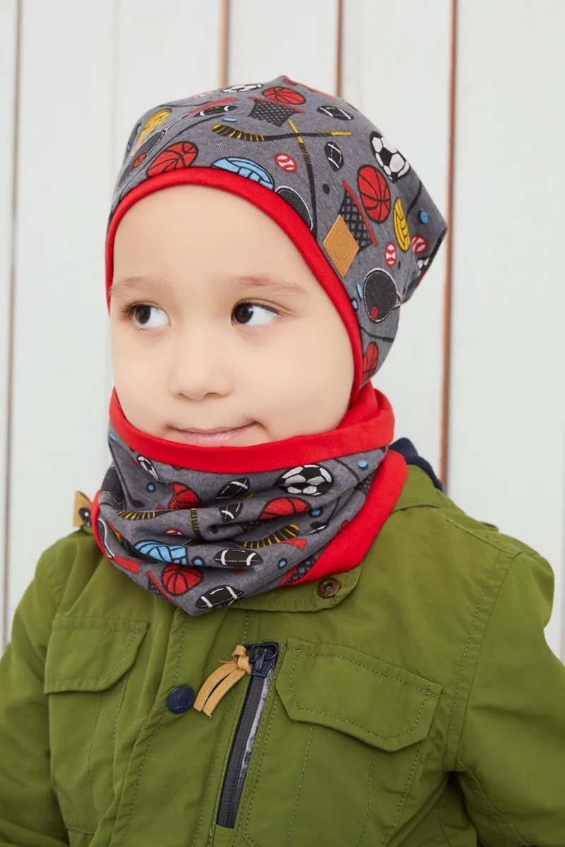 بيبيجيز Smoked Red Boy's Sports Beanie Neck Collar Set Soft Double Layer 100% Natural Cotton Combed Cotton