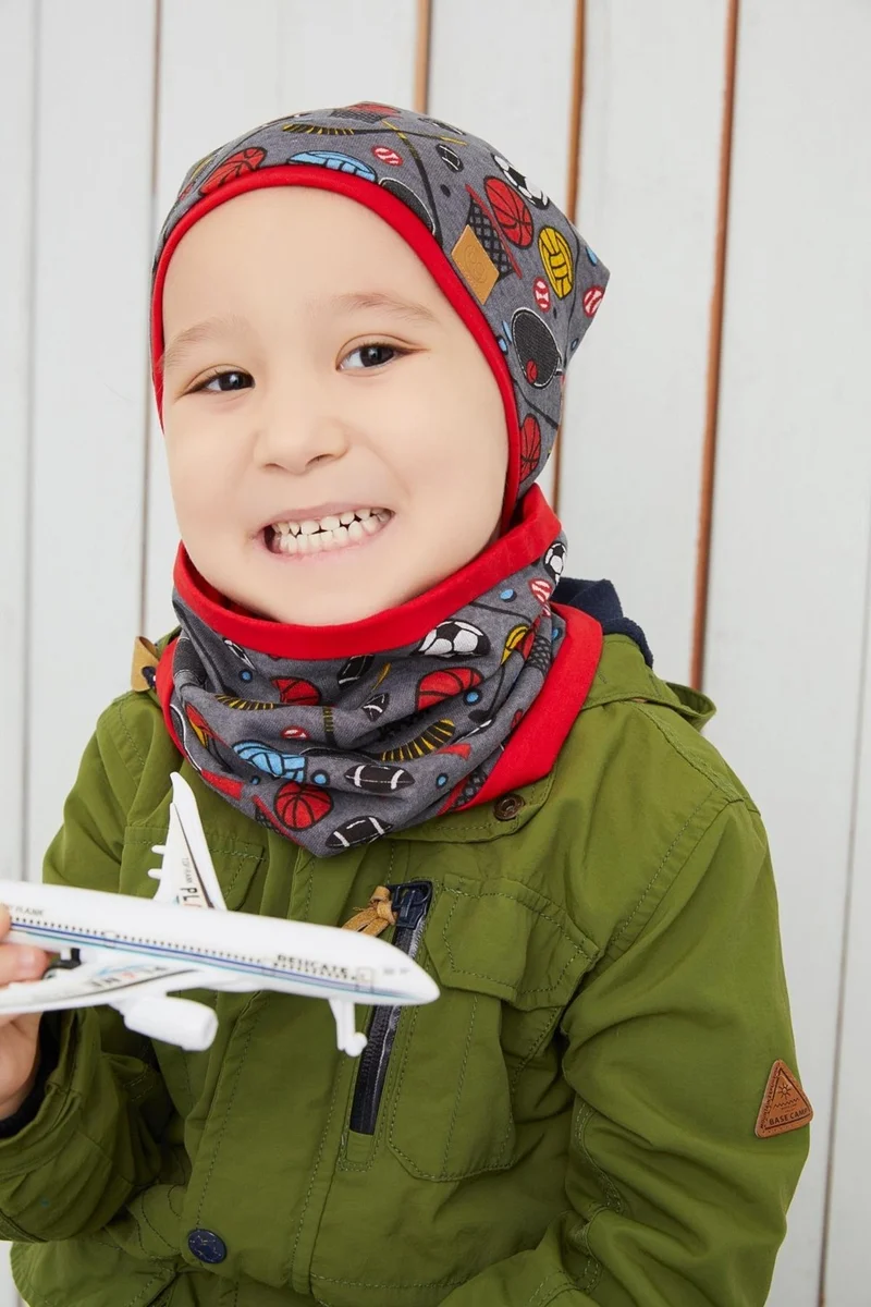 بيبيجيز Smoked Red Boy's Sports Beanie Neck Collar Set Soft Double Layer 100% Natural Cotton Combed Cotton