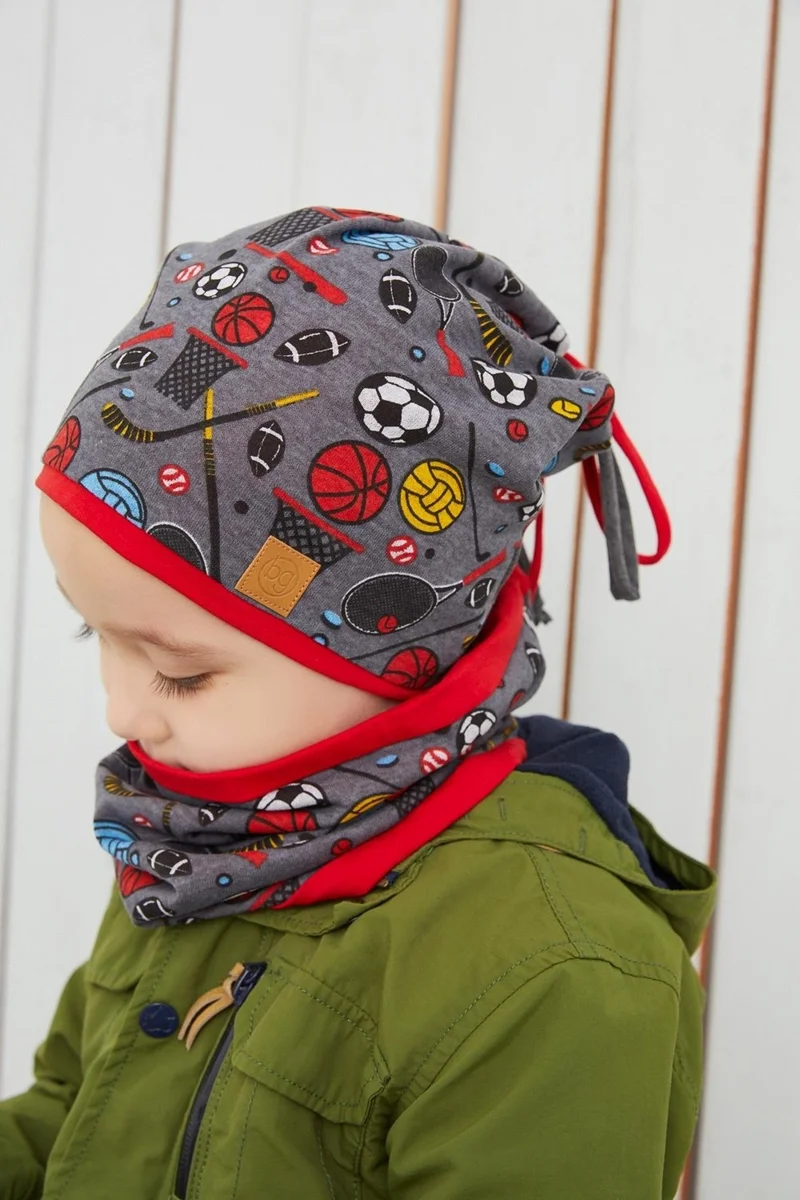 بيبيجيز Smoked Red Boy's Sports Beanie Neck Collar Set Soft Double Layer 100% Natural Cotton Combed Cotton
