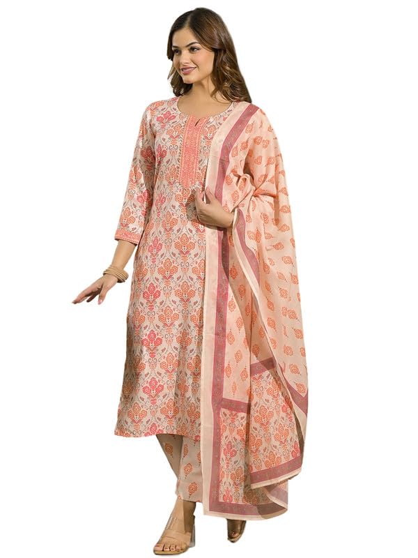 Vaamsi Women's Cream Rayon Blend Floral Straight Printed Kurta Pant With Dupatta Set | Casual Straight Kurta Set For Women | Printed Salwar Suit For Women (VKSKD2322, XXL) - Image 1