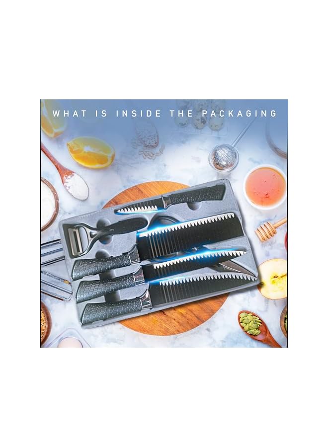 S-TOP Professional 6-Piece Knife Set for Kitchen – Ultra-Sharp High Carbon Stainless Steel Knives with Non-Stick Blades & Ergonomic Handles, Kitchen Knife Set with Kitchen Scissor and peeler (Black) - Image 3
