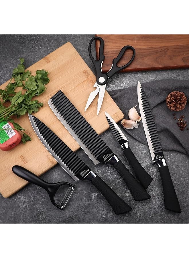 S-TOP Professional 6-Piece Knife Set for Kitchen – Ultra-Sharp High Carbon Stainless Steel Knives with Non-Stick Blades & Ergonomic Handles, Kitchen Knife Set with Kitchen Scissor and peeler (Black) - Image 1