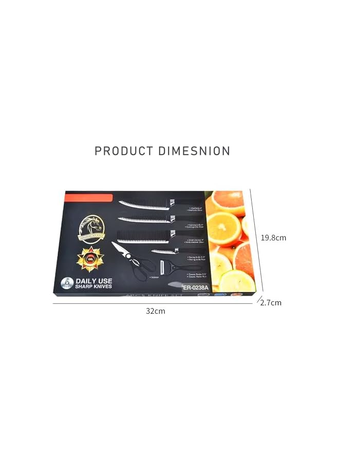 S-TOP Professional 6-Piece Knife Set for Kitchen – Ultra-Sharp High Carbon Stainless Steel Knives with Non-Stick Blades & Ergonomic Handles, Kitchen Knife Set with Kitchen Scissor and peeler (Black) - Image 2