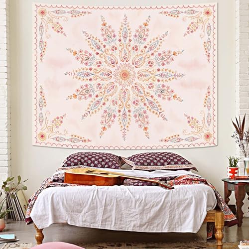 Fowocu Boho Floral Mandala Tapestry for Bedroom Aesthetic Pink Bohemian Flower Wall Tapestry Watercolor Hippie Indian Small Tapestries Wall Hanging for Living Room Dorm Decor 40 x 30 Inch - Image 5