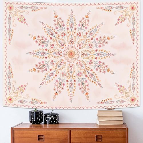 Fowocu Boho Floral Mandala Tapestry for Bedroom Aesthetic Pink Bohemian Flower Wall Tapestry Watercolor Hippie Indian Small Tapestries Wall Hanging for Living Room Dorm Decor 40 x 30 Inch - Image 4
