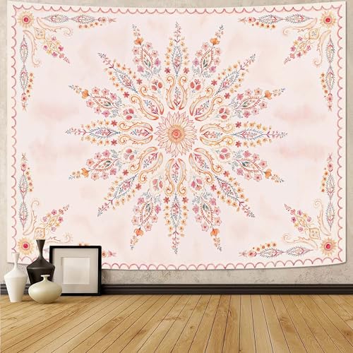 Fowocu Boho Floral Mandala Tapestry for Bedroom Aesthetic Pink Bohemian Flower Wall Tapestry Watercolor Hippie Indian Small Tapestries Wall Hanging for Living Room Dorm Decor 40 x 30 Inch - Image 1