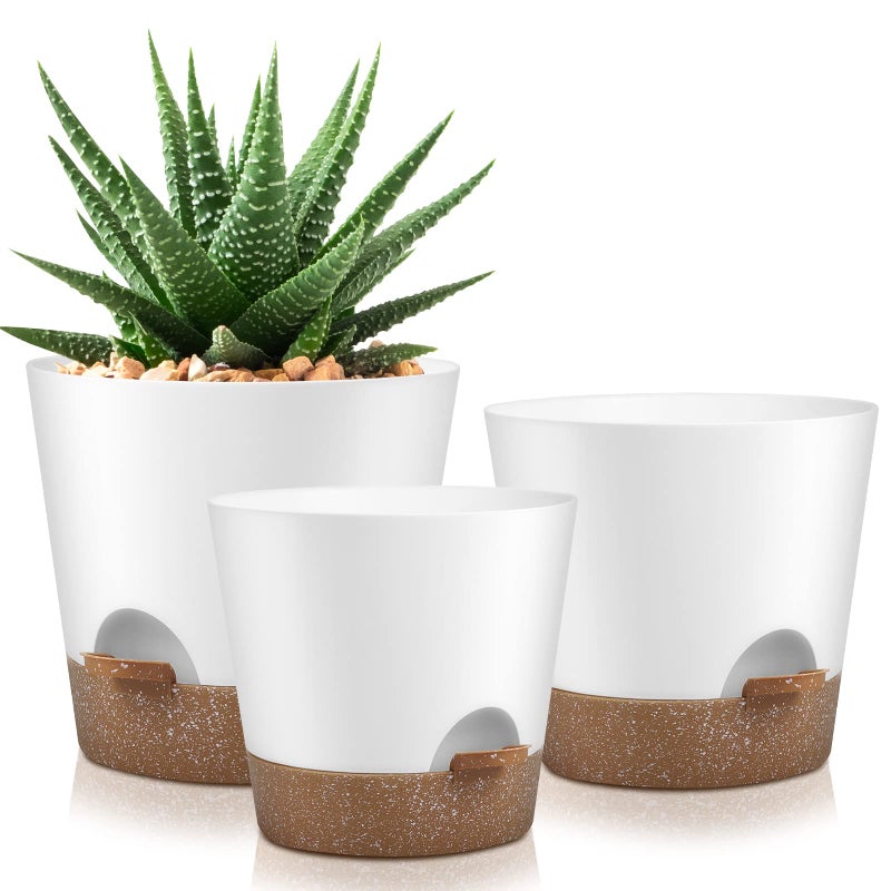 YNNICO Indoor Outdoor Plant Pots- Self Watering Planters with Drainage Holes and Saucers, 9,8, 7.5 Inches, 3 Pots (Snow) - Image 1