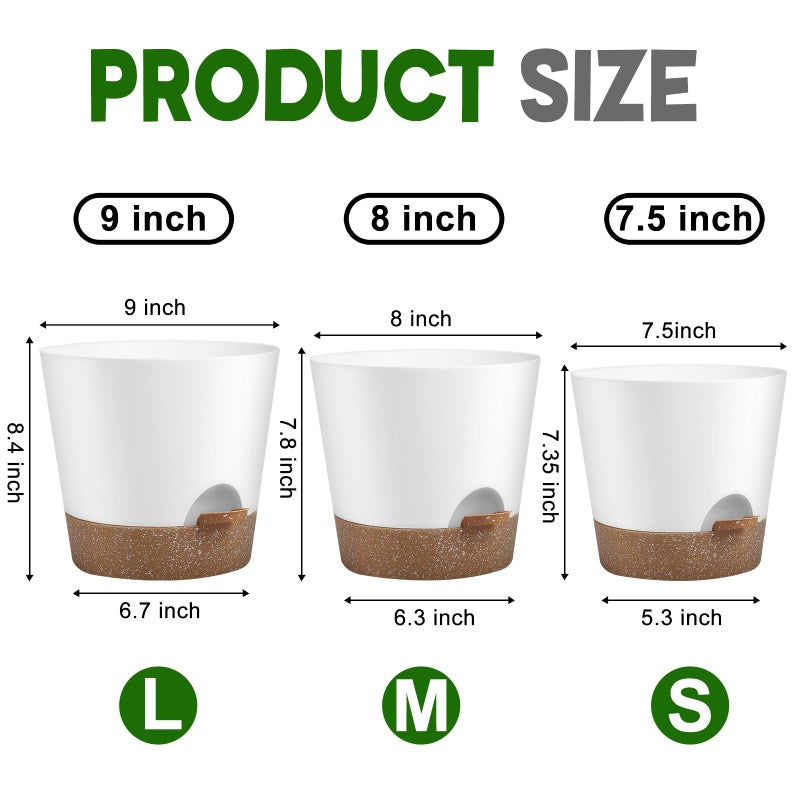 YNNICO Indoor Outdoor Plant Pots- Self Watering Planters with Drainage Holes and Saucers, 9,8, 7.5 Inches, 3 Pots (Snow) - Image 2