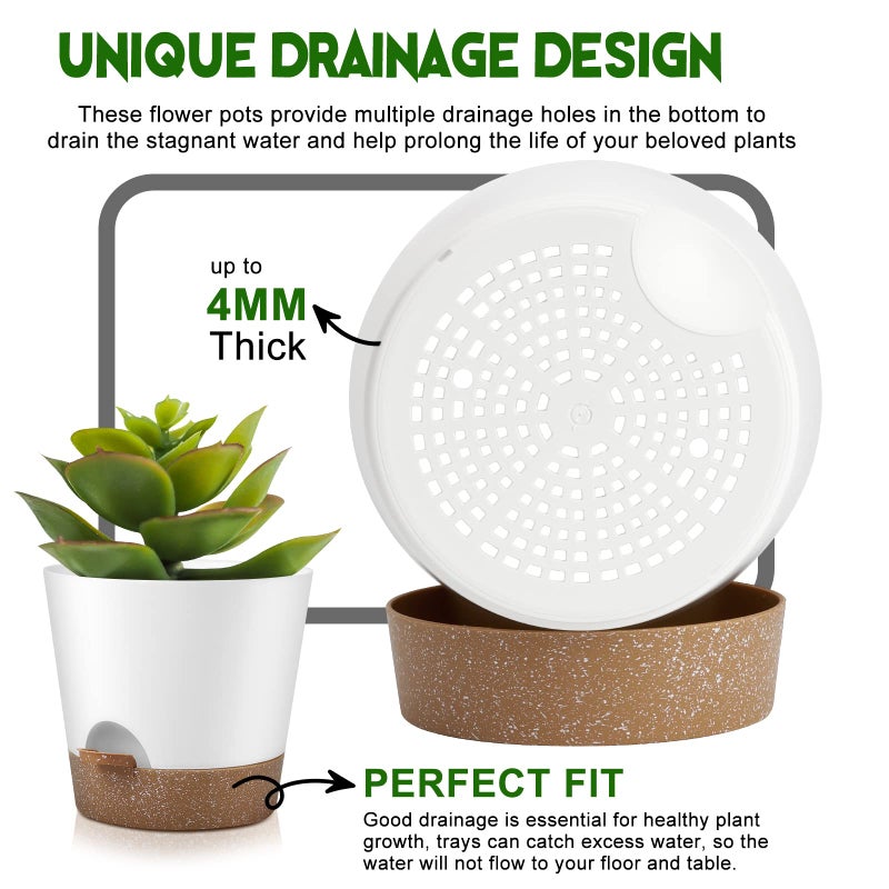 YNNICO Indoor Outdoor Plant Pots- Self Watering Planters with Drainage Holes and Saucers, 9,8, 7.5 Inches, 3 Pots (Snow) - Image 3