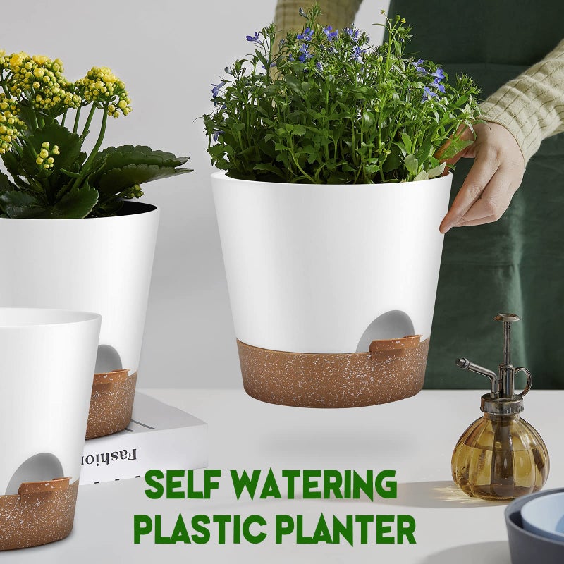 YNNICO Indoor Outdoor Plant Pots- Self Watering Planters with Drainage Holes and Saucers, 9,8, 7.5 Inches, 3 Pots (Snow) - Image 5