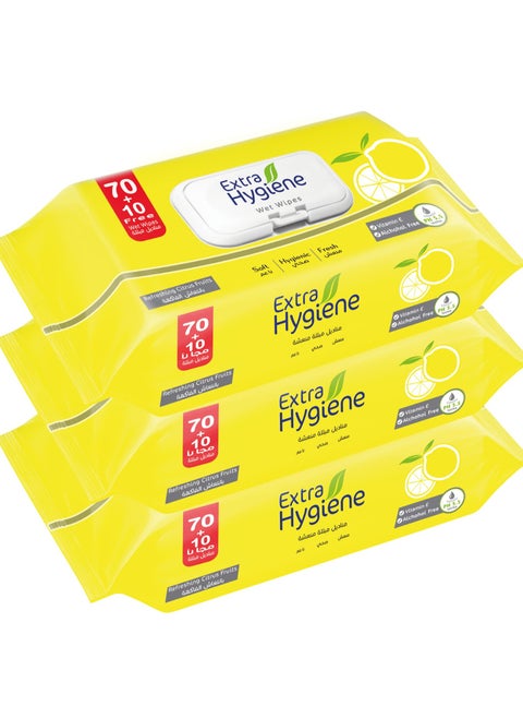Extra Hygiene Wipes Baby Refreshing Citrus Fruits 70+10 Wet Wipes 3 pcs