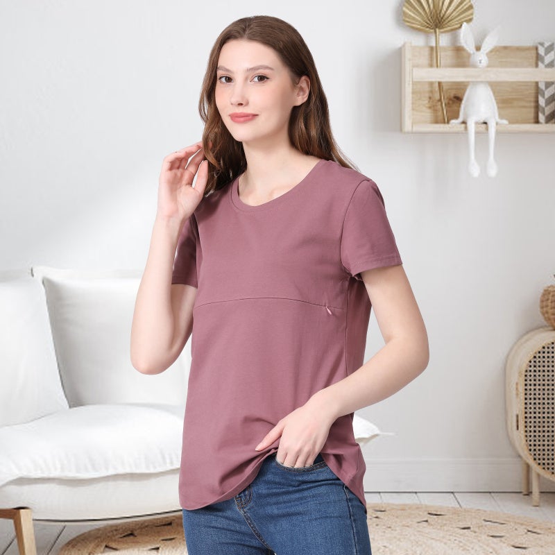 Summer Hot Mom Pregnant Womens Short-sleeved T-shirt Pure Cotton Zipper Breastfeeding Clothes Home Base Shirt European and American plus size for in stock azure blue  - Image 4