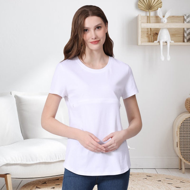 Summer Hot Mom Pregnant Womens Short-sleeved T-shirt Pure Cotton Zipper Breastfeeding Clothes Home Base Shirt European and American plus size for in stock azure blue  - Image 5
