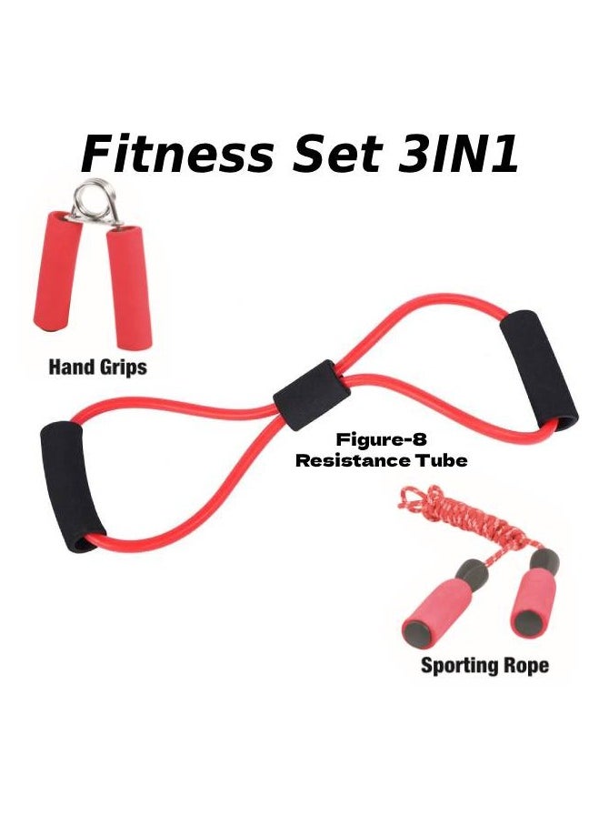 Generic - Multi-Function Fitness Set Figure-8 Resistance Tube With Hand Grip & Jump Rope, Red - Image 1