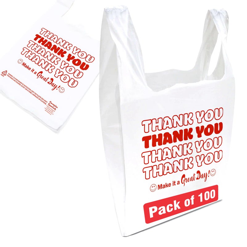 Concession Essentials Disposable & Reusable Thank You T-Shirt Bags- Pack of 100 - Image 1