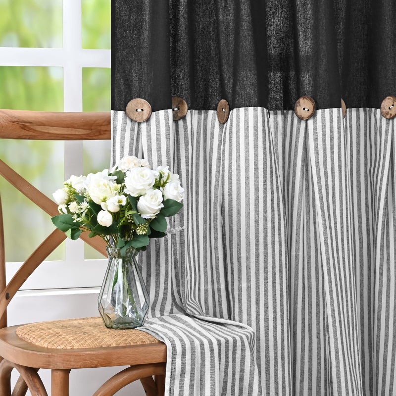 ASPMIZ Cotton Linen Farmhouse Curtains for Living Room, Boho Rustic Window Curtain Panels, Black with Grey Stripe Country Curtains for Bedroom, Back Tab Modern Drapes for Windows 52 x 84 Inch 2 Panels - Image 5