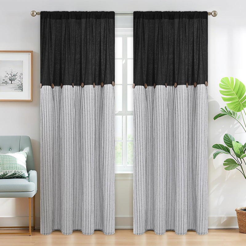 ASPMIZ Cotton Linen Farmhouse Curtains for Living Room, Boho Rustic Window Curtain Panels, Black with Grey Stripe Country Curtains for Bedroom, Back Tab Modern Drapes for Windows 52 x 84 Inch 2 Panels - Image 1