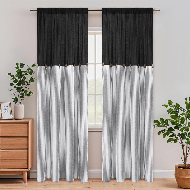 ASPMIZ Cotton Linen Farmhouse Curtains for Living Room, Boho Rustic Window Curtain Panels, Black with Grey Stripe Country Curtains for Bedroom, Back Tab Modern Drapes for Windows 52 x 84 Inch 2 Panels - Image 2