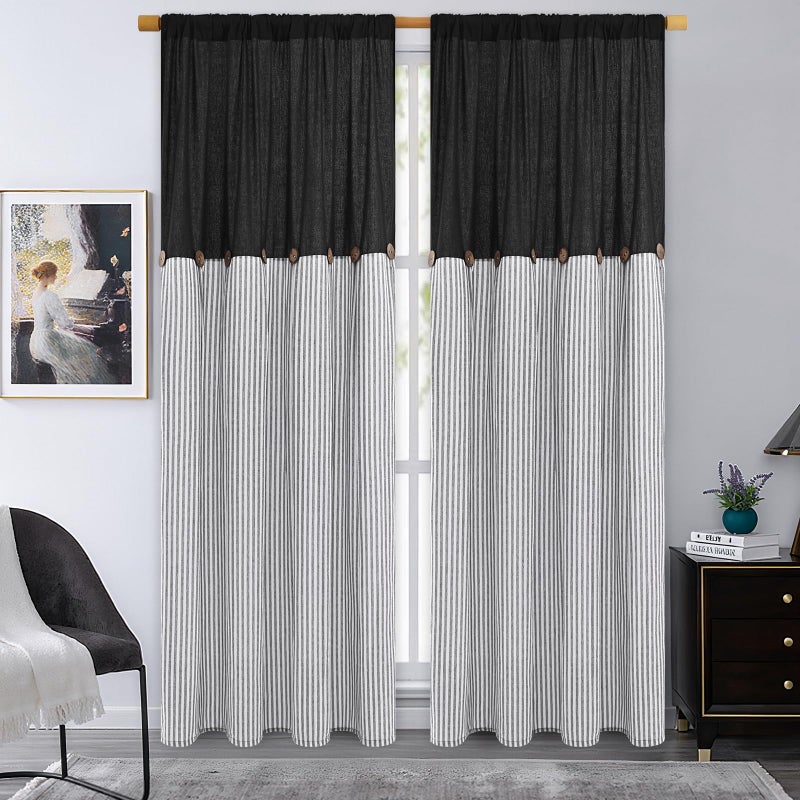 ASPMIZ Cotton Linen Farmhouse Curtains for Living Room, Boho Rustic Window Curtain Panels, Black with Grey Stripe Country Curtains for Bedroom, Back Tab Modern Drapes for Windows 52 x 84 Inch 2 Panels - Image 3