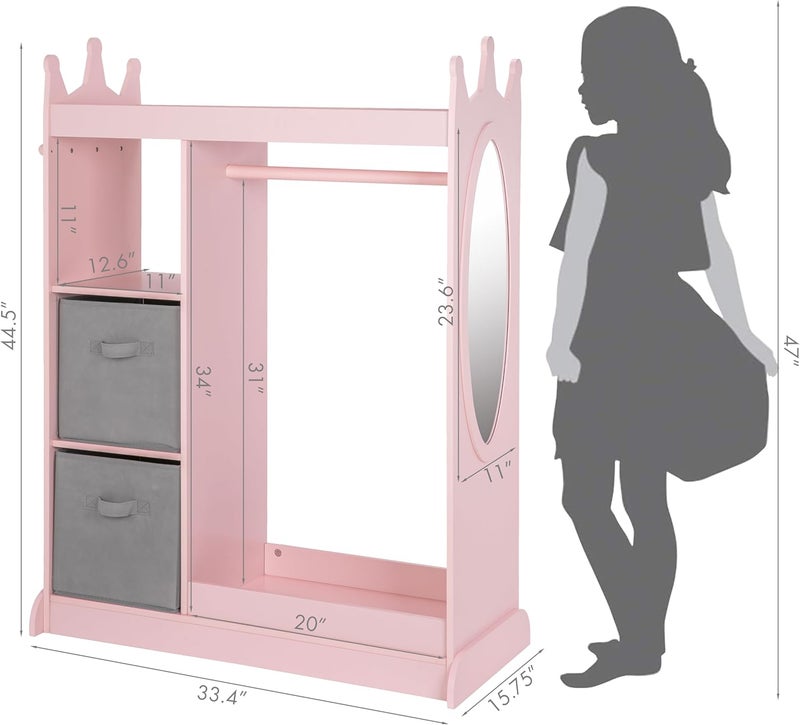 U-tex Kids Armoire Wardrobe Closet with Mirror and Storage Bin, Pink, 33.4 in W x 15.75 in D x 44.5 in H - Image 3