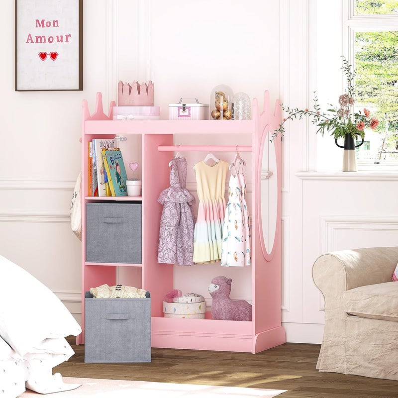 U-tex Kids Armoire Wardrobe Closet with Mirror and Storage Bin, Pink, 33.4 in W x 15.75 in D x 44.5 in H - Image 2