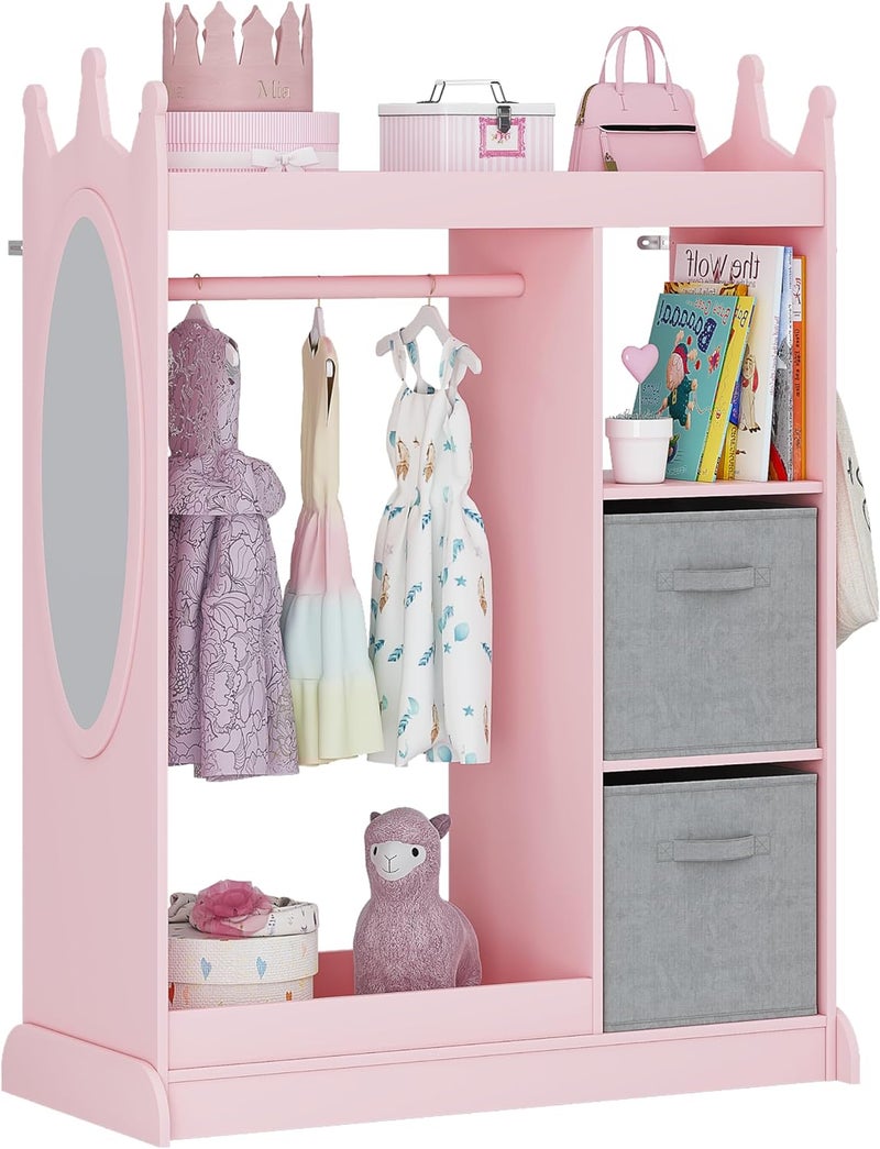 U-tex Kids Armoire Wardrobe Closet with Mirror and Storage Bin, Pink, 33.4 in W x 15.75 in D x 44.5 in H - Image 1