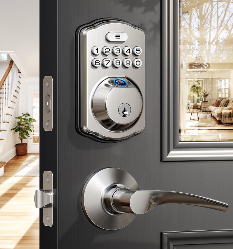 Veise Fingerprint Door Lock with 2 Lever Handles - Keyless Entry Door Lock, Electronic Keypad Deadbolt, Digital Smart Code & Front Handle Sets, Auto-Locking, Easy Installation, Satin Nickel - Image 1
