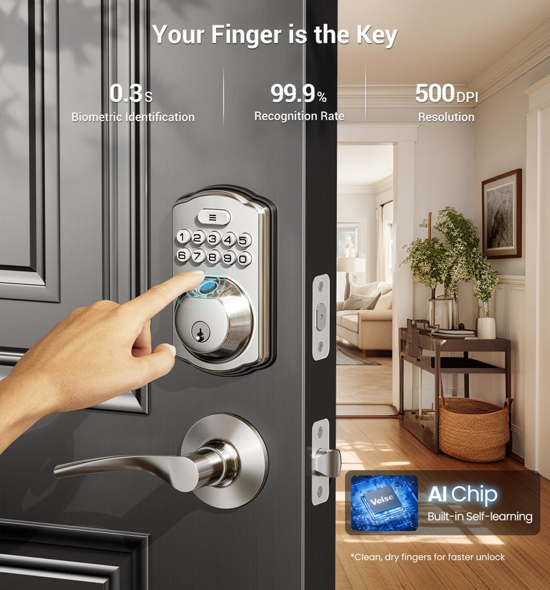 Veise Fingerprint Door Lock with 2 Lever Handles - Keyless Entry Door Lock, Electronic Keypad Deadbolt, Digital Smart Code & Front Handle Sets, Auto-Locking, Easy Installation, Satin Nickel - Image 2