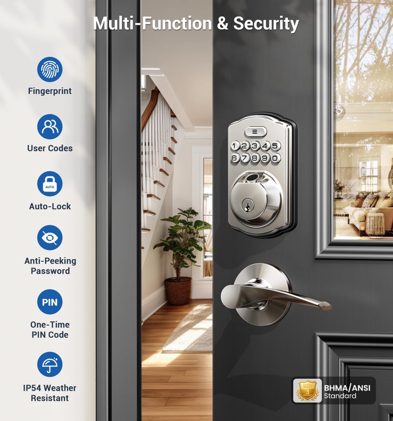 Veise Fingerprint Door Lock with 2 Lever Handles - Keyless Entry Door Lock, Electronic Keypad Deadbolt, Digital Smart Code & Front Handle Sets, Auto-Locking, Easy Installation, Satin Nickel - Image 4
