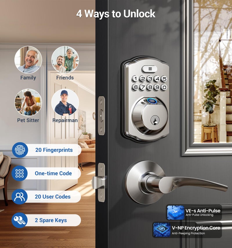 Veise Fingerprint Door Lock with 2 Lever Handles - Keyless Entry Door Lock, Electronic Keypad Deadbolt, Digital Smart Code & Front Handle Sets, Auto-Locking, Easy Installation, Satin Nickel - Image 3