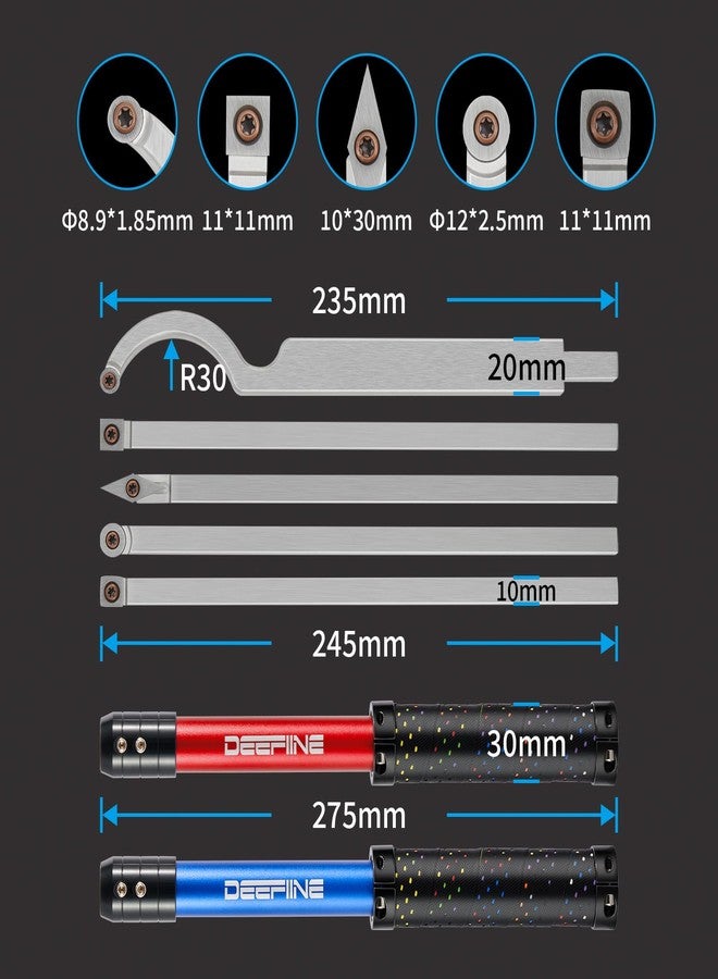 DEEFIINE Carbide Tipped Wood Lathe Turning Tools Set, Lathe Rougher Finisher Swan Neck Hollowing Tools and Interchangeable 19.5"Soft Grip Handle with Diamond Round Square Carbide Inserts(Red、Blue) - Image 3