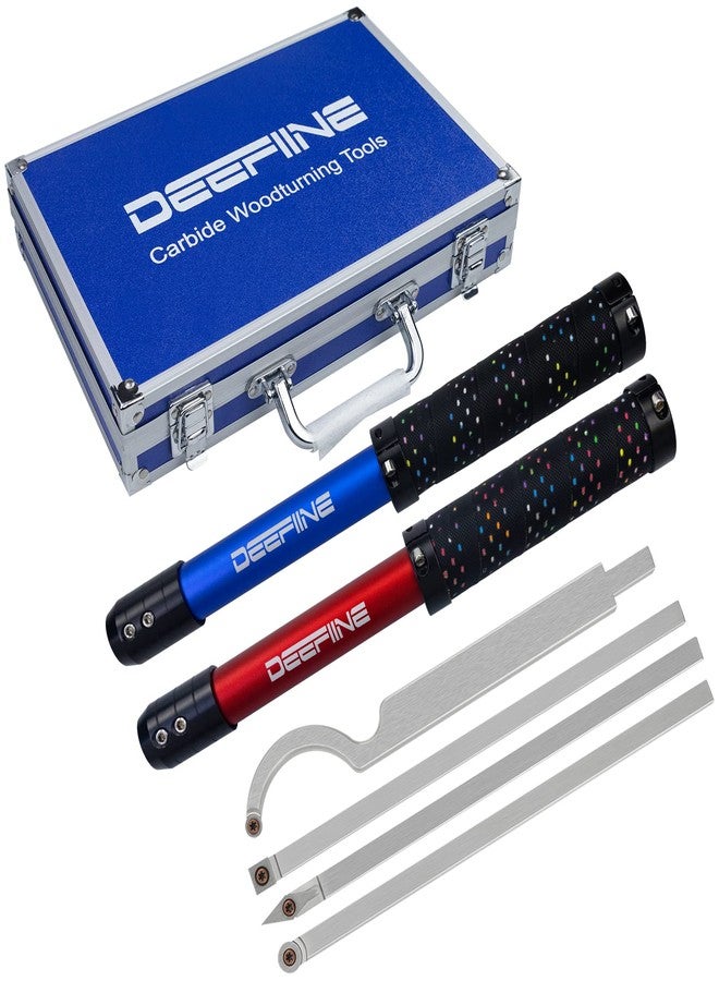 DEEFIINE Carbide Tipped Wood Lathe Turning Tools Set, Lathe Rougher Finisher Swan Neck Hollowing Tools and Interchangeable 19.5"Soft Grip Handle with Diamond Round Square Carbide Inserts(Red、Blue) - Image 1